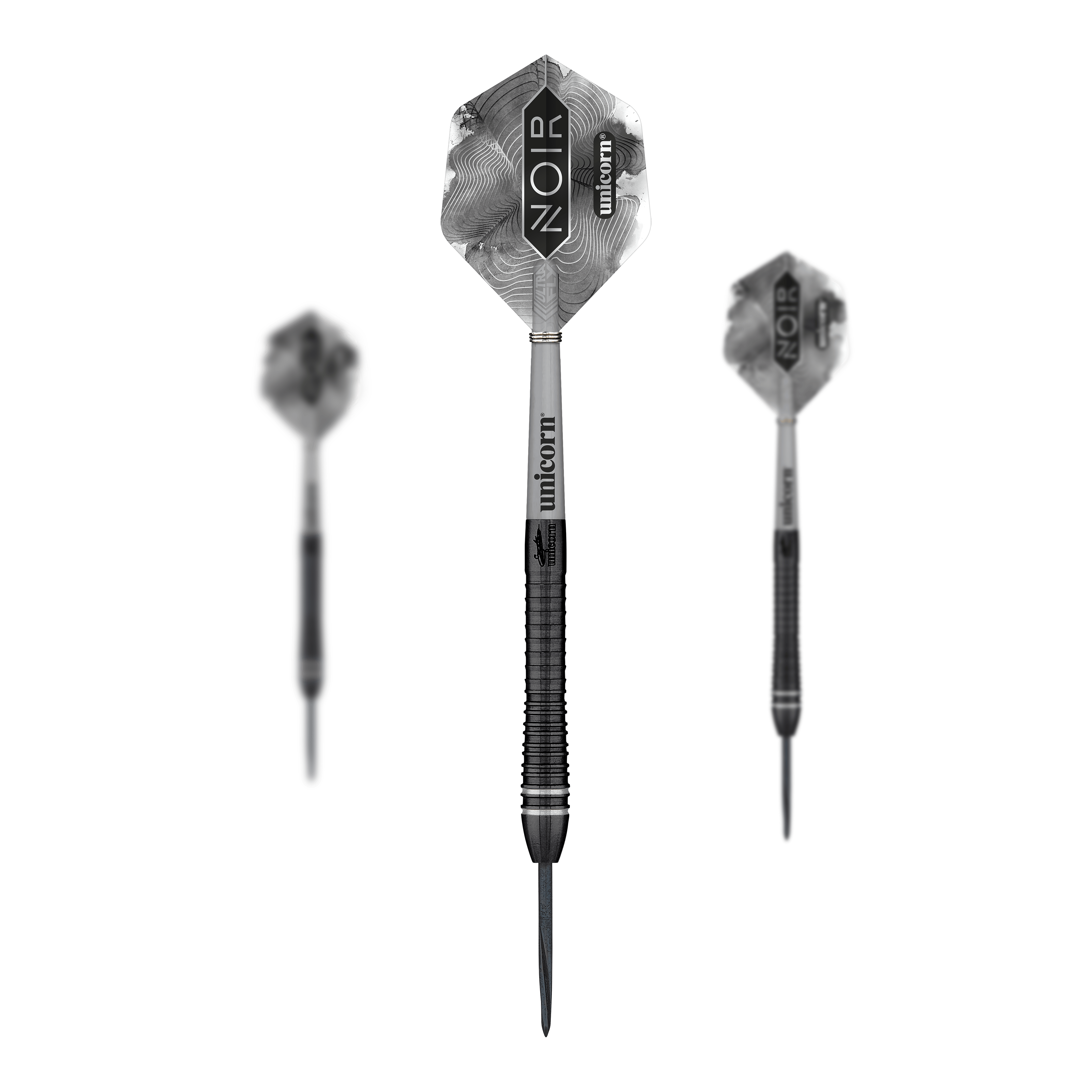Das Bild zeigt drei Steeldarts des Modells „Unicorn World Champion Gary Anderson Noir Phase 6“. Die Pfeile sind schwarz-silber und tragen die Aufschrift „NOIR“ und „unicorn“ auf den Flights.